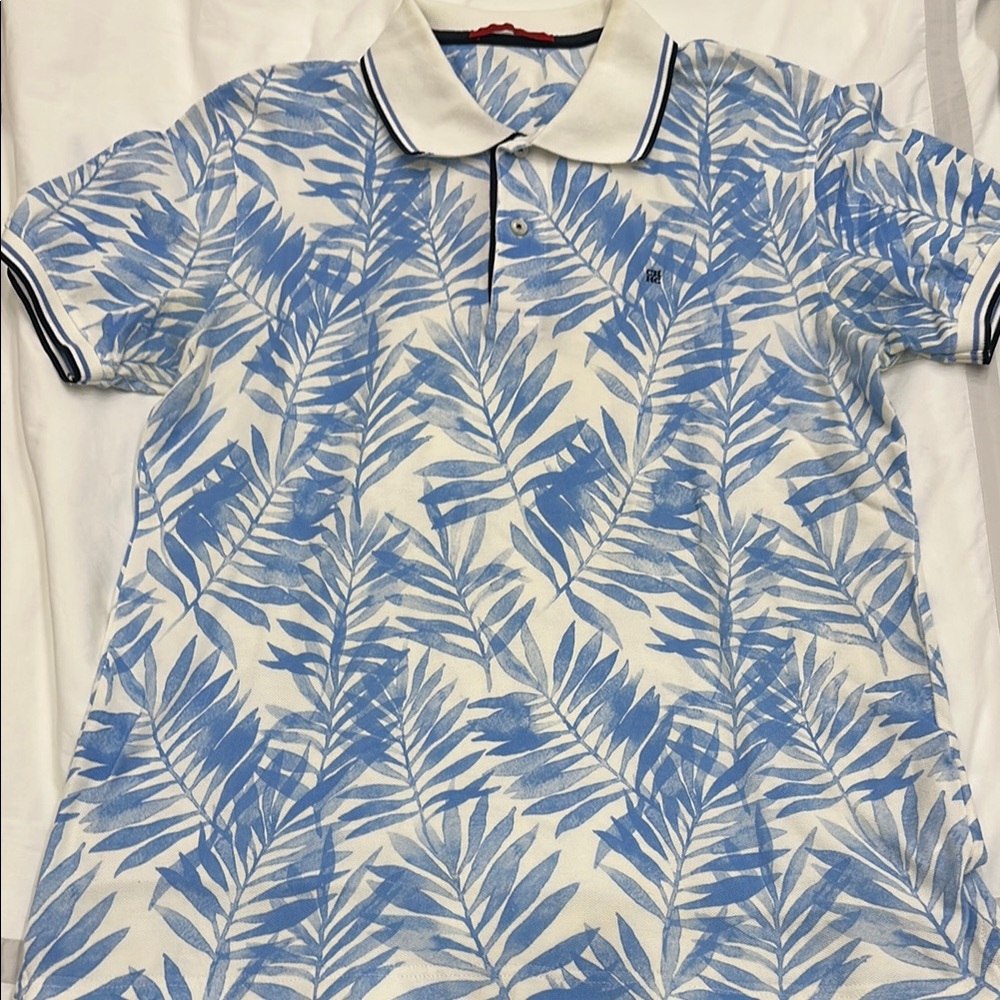 Carolina Herrera Blue Leaf Print Men's Polo Shirt